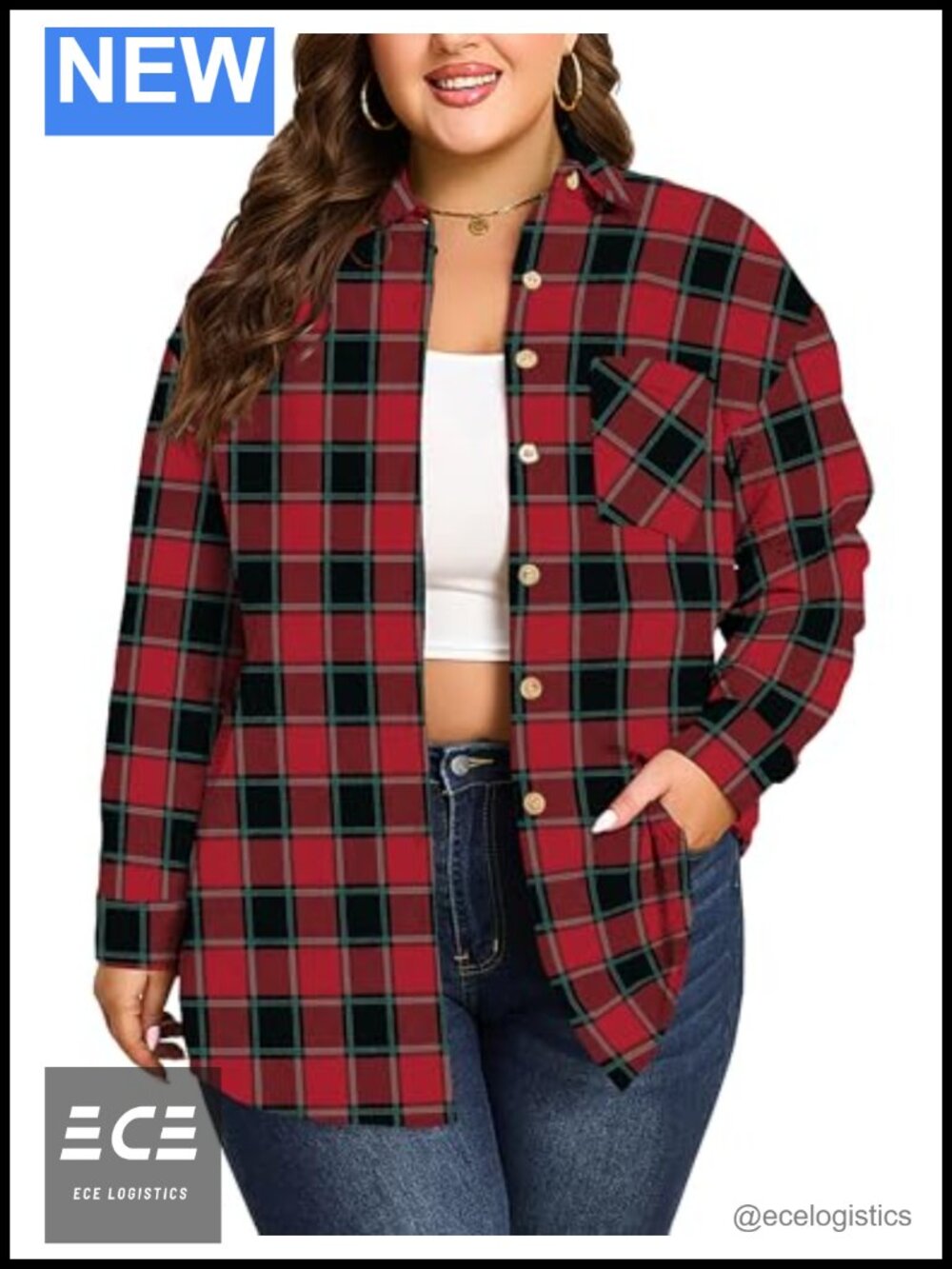 Plus Size Flannel Plaid Button Down Shirt Long Sleeve Casual Blouse
